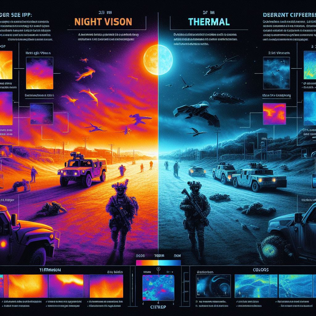 A thermal image is a type of image that shows the temperature of objects, by detecting the infrared radiation they emit. Both types of images can be useful for different purposes, such as surveillance, hunting, or navigation.