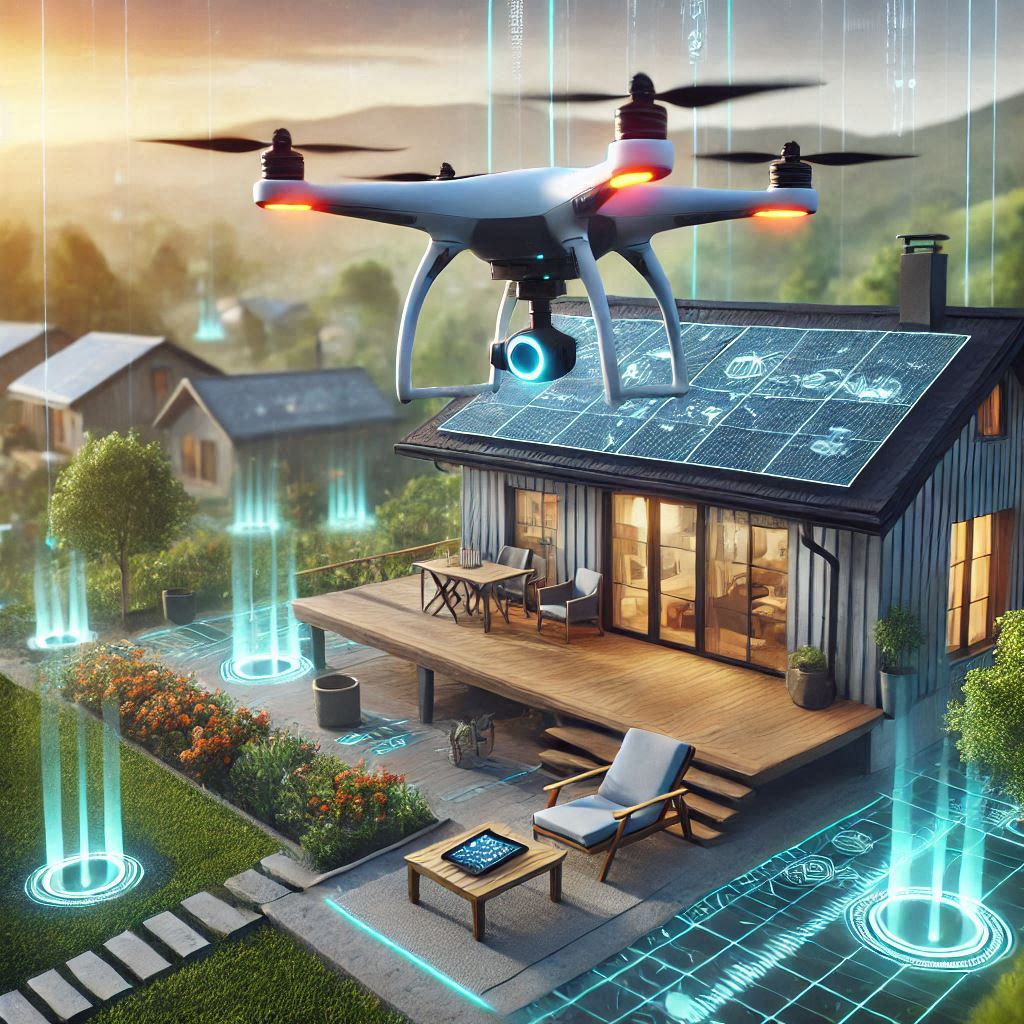 "AI-powered drones conducting an outdoor home inspection, utilizing advanced technology for roof assessment, structural analysis, and property condition evaluation.