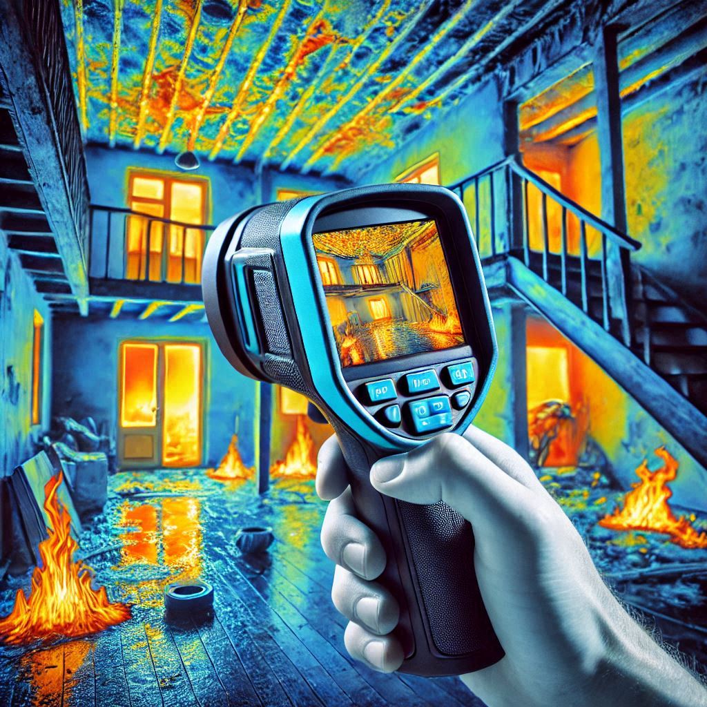 Thermal imaging camera identifying moisture issues in a home inspection, revealing hidden water damage and potential structural problems for accurate property assessment.