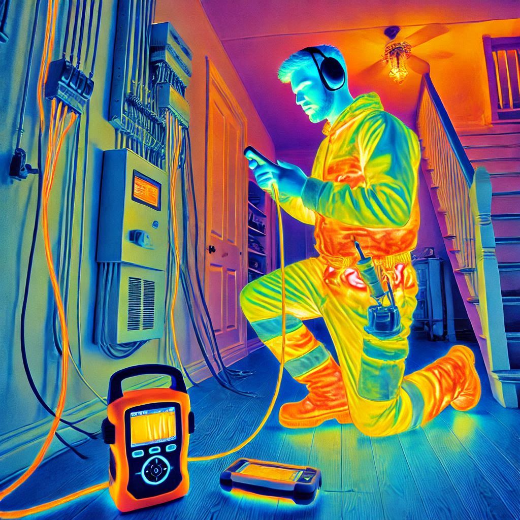 "Thermal imaging technology identifying electrical issues during a home inspection, pinpointing hotspots and potential hazards for accurate property assessment.