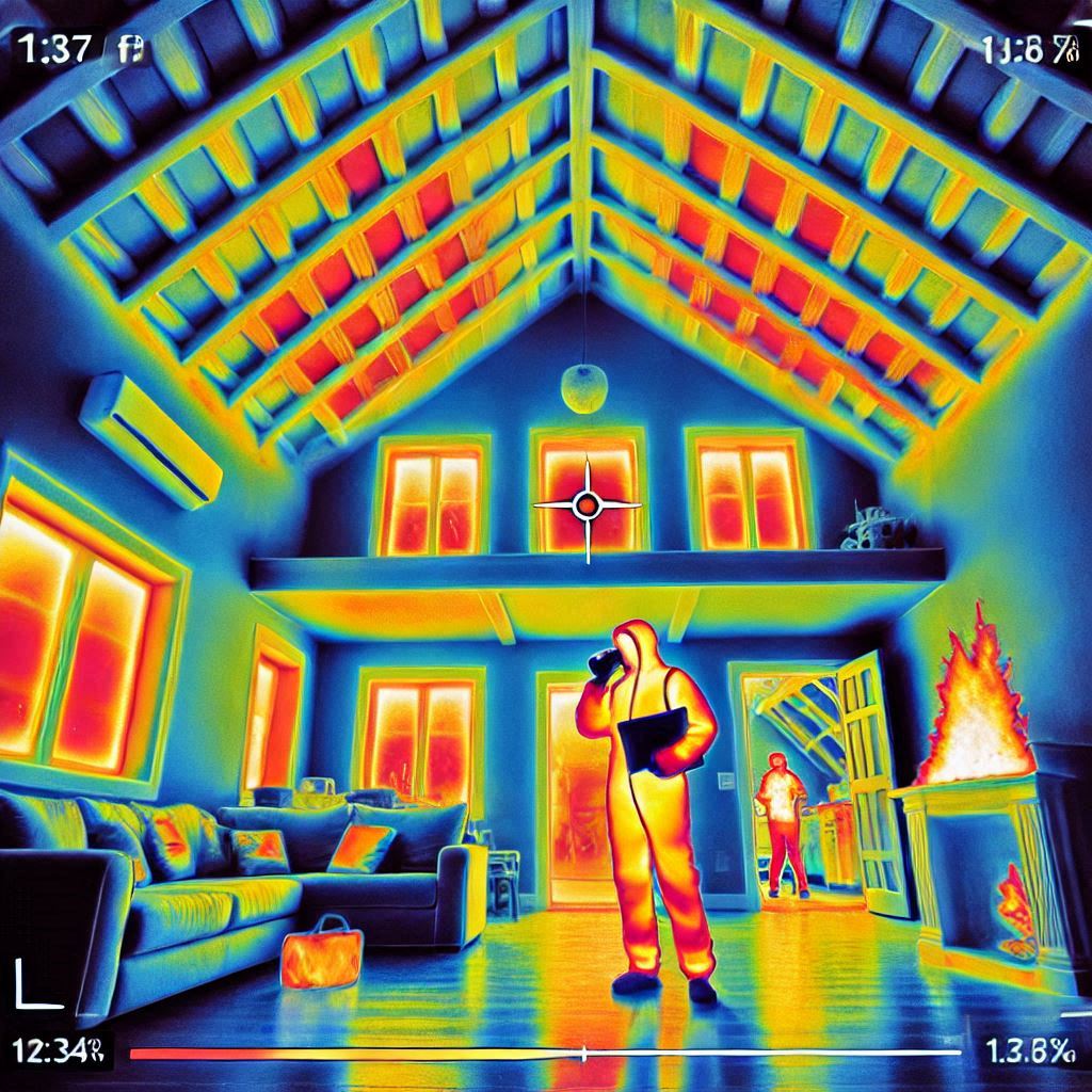 Thermal imaging camera evaluating insulation performance in a home inspection, identifying areas of heat loss and energy inefficiency for accurate property assessment.